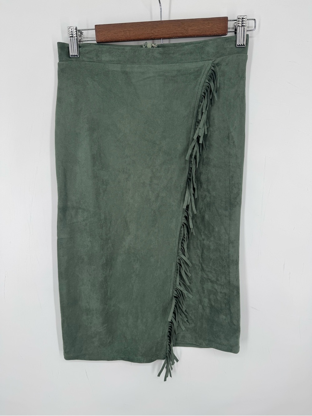 L Love Suede Green Wrap Fringe Midi Skirt Fall Western Festival Size Small NWT